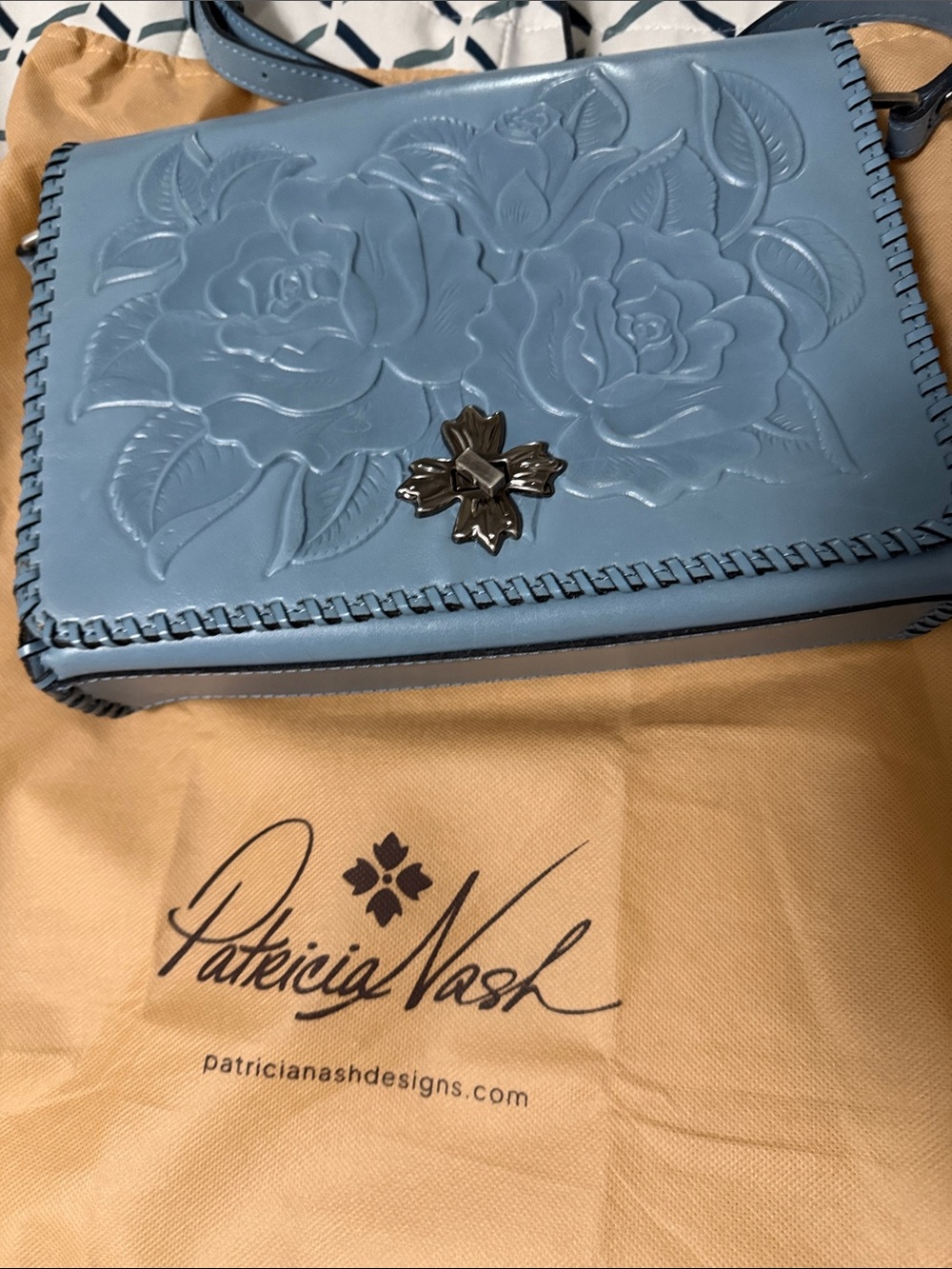 Patricia Nash Powder Blue Embossed Floral Crossbody with Metal Clasp